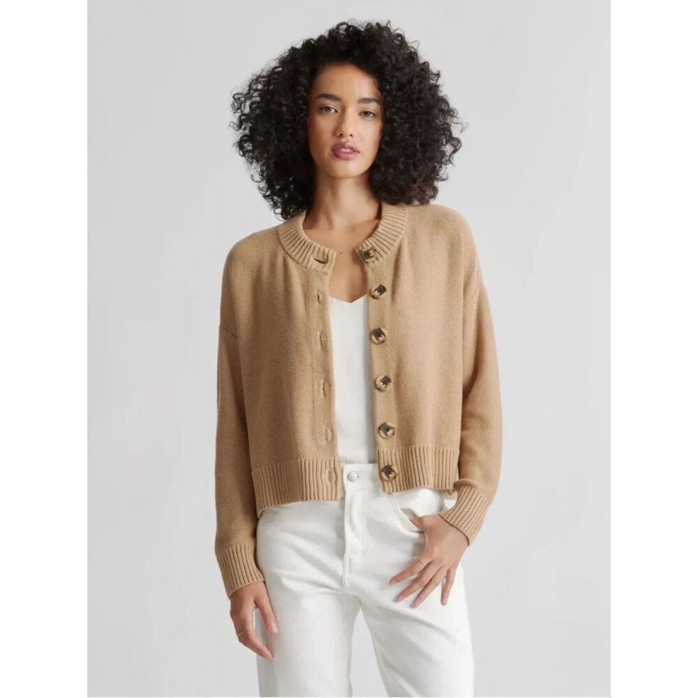 Quince 100% Organic Cotton Cropped Cardigan Camel Size Small
